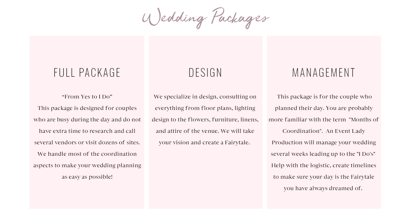 Services Page 2 - An Event Lady Production Website Review